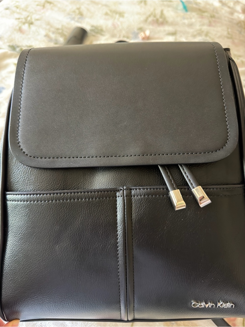 Calvin Klein Black Leather Mini Backpack with Front Flap Pocket - Picture 4 of 8